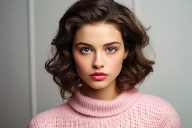 Portrait of a young woman in a winter pink sweater