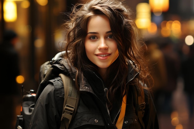 Portrait of a young woman with beautiful brown wavy hair smiling in a modern urban setting