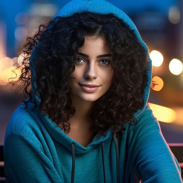 Photo portrait of a young woman with black hair in a hoodie