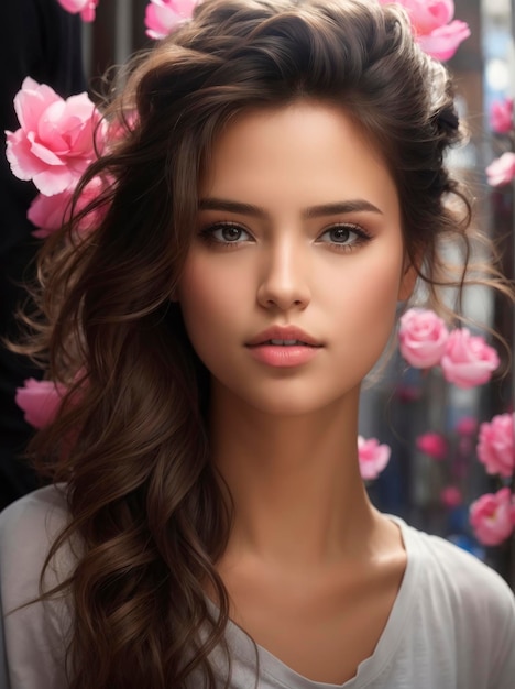 ピンクの服を着たブロンドの髪を持つ若い女性の肖像画
