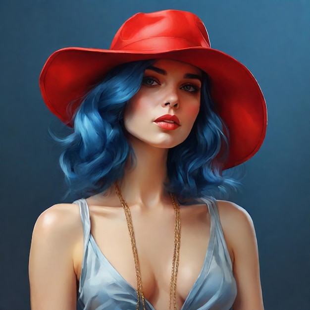 Foto ritratto di una giovane donna con i capelli lunghi blu in un cappello elegante rosso