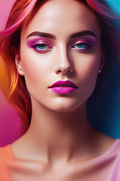 portrait of young woman with bright makeup in neon pink and blue tones portrait of young woman with