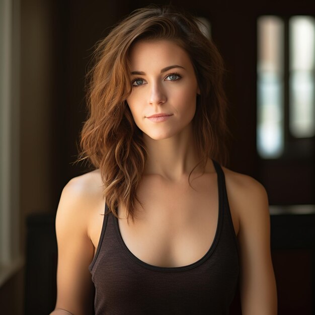 Portrait of a young woman with brown hair and blue eyes