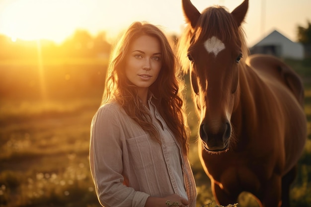 Портрет молодой женщины с коричневой лошадью на закате