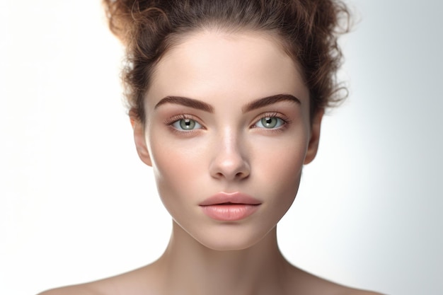 Портрет молодой женщины с ясной кожей и зелеными глазами на светлом фоне, подходящий для концепций красоты и ухода за кожей