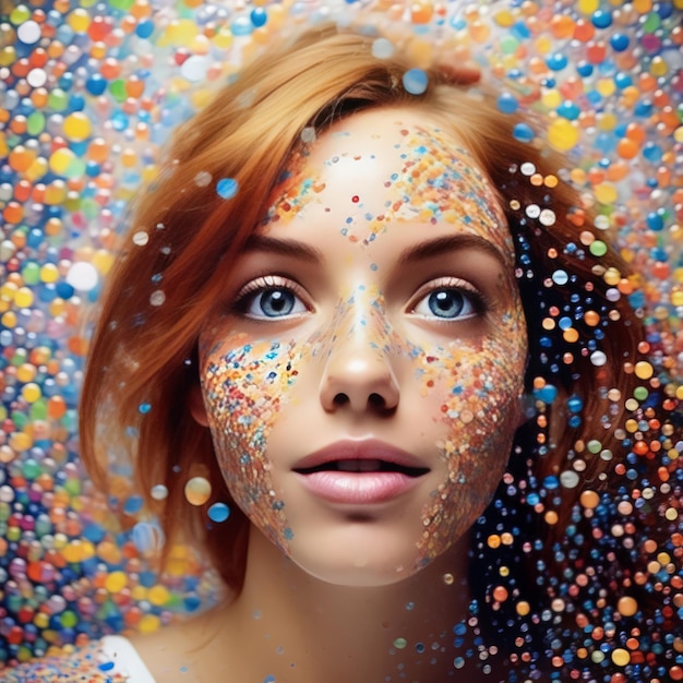 portrait of young woman with colorful makeup and confetti portrait of young woman with colorful