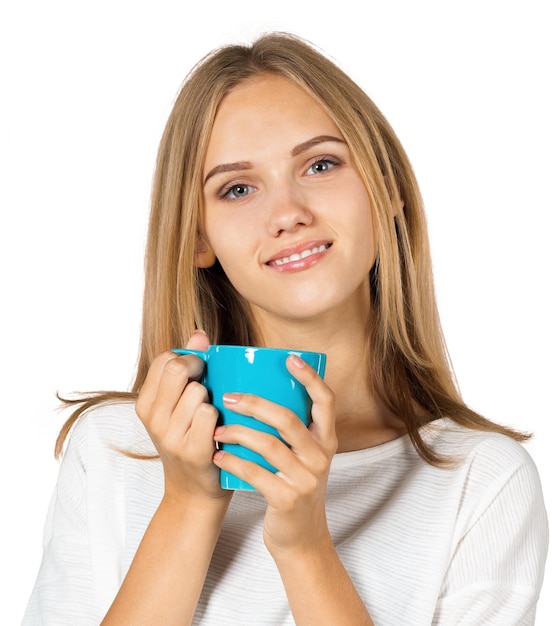 紅茶やコーヒーのカップを持つ若い女性の肖像画