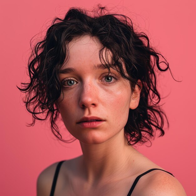 Portrait of a young woman with curly hair on a pink background