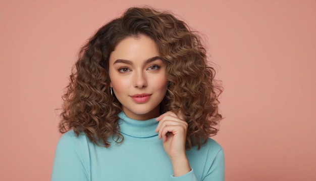 Foto ritratto di una giovane donna con i capelli ricci che posa su uno sfondo rosa pastello