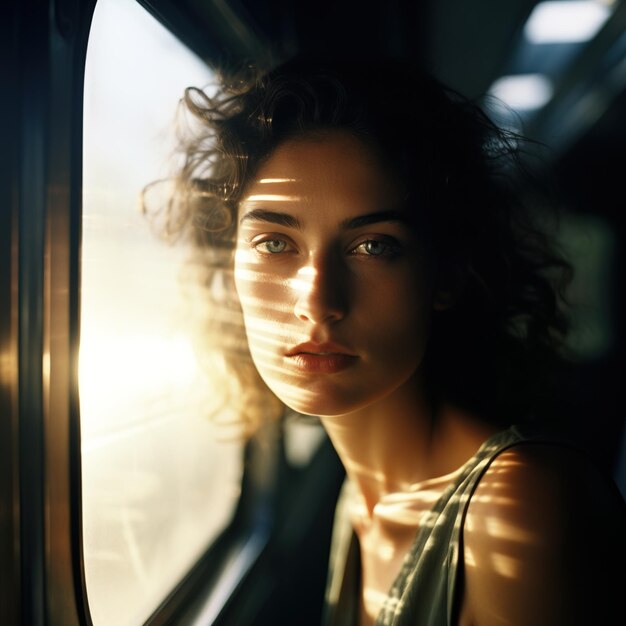 Photo portrait of a young woman with curly hair sitting by the window