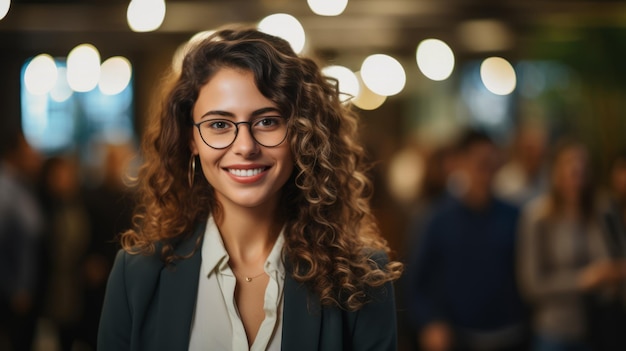 Portrait of a young woman with curly hair smiling in front of a blurred background