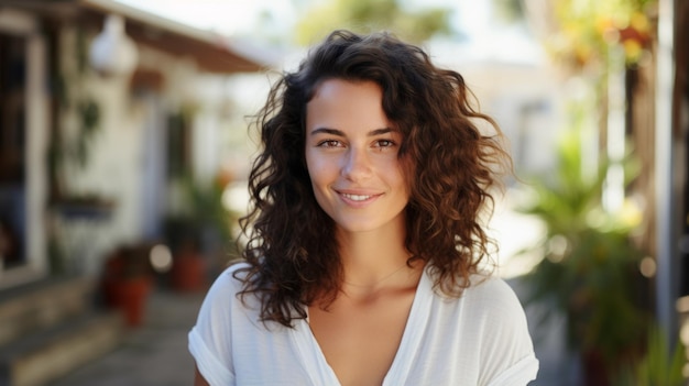 Photo portrait of a young woman with curly hair smiling