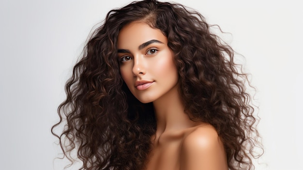 Portrait of young woman with dark natural curly hair hair care makeup and hair health