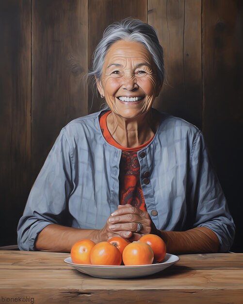 Portrait of young woman with dentures while sitting on table