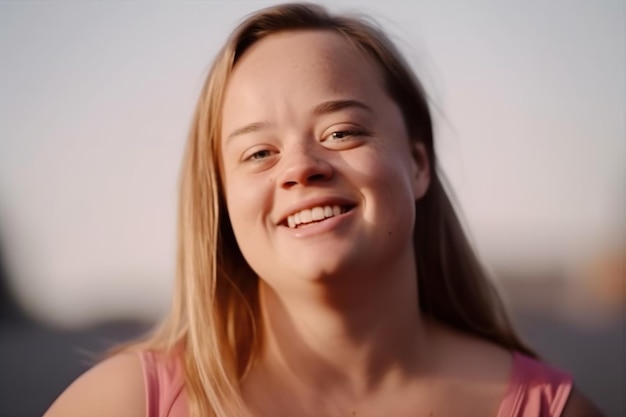 Portrait of young woman with down syndrome AI Generated