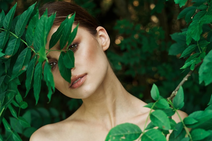 Photo 植物に目を閉じた若い女性の肖像画