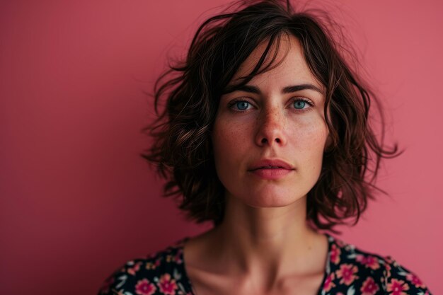 Portrait of a young woman with freckles against a pink background