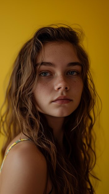 Portrait of a young woman with freckles on a yellow background
