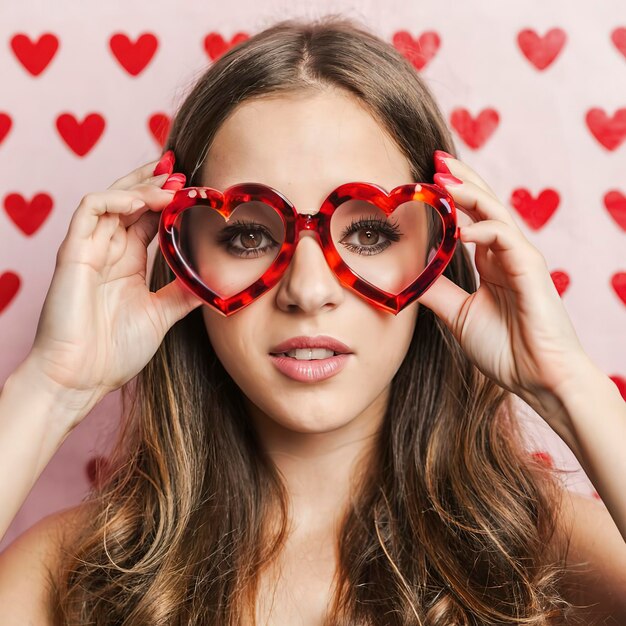 Photo portrait of a young woman with glasses with hearts background shotlistretro design