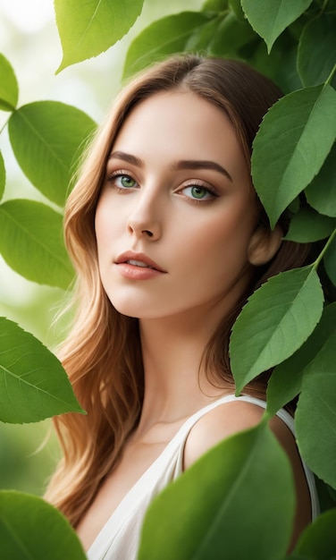 Portrait of a Young woman with her face partially framed by vibrant green foliage Green eyes