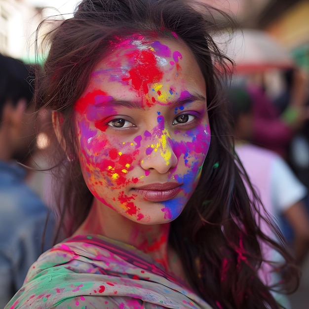 Portrait of a young woman with Holi powder Happy Holi background