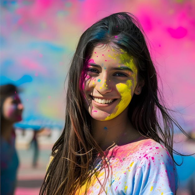 Portrait of a young woman with Holi powder Happy Holi background