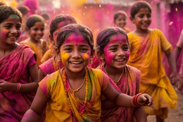 Photo portrait of a young woman with holi powder