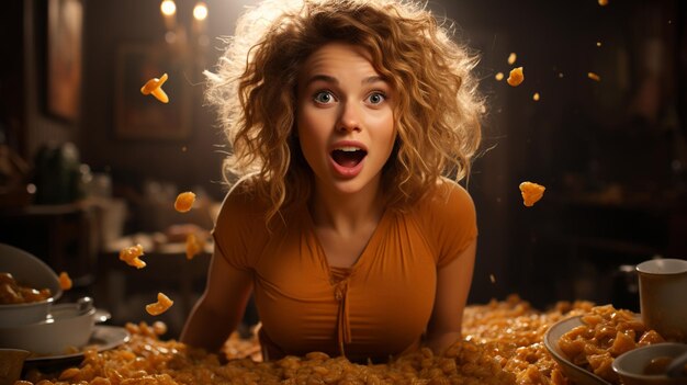 Photo portrait of a young woman with long blonde curly hair and a smile on the table