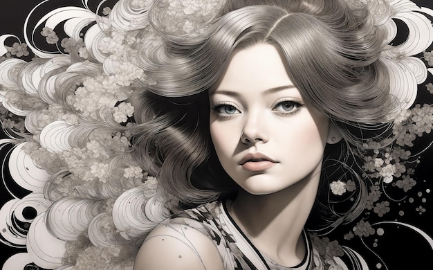 긴 머리카락을 가진 젊은 여성의 초상화 연필 그림 디지털 크리에이티브 디자이너 패션 예술 그림