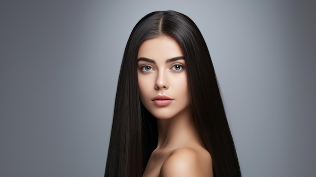 Portrait of young woman with long straight black hair hair care makeup and hair health