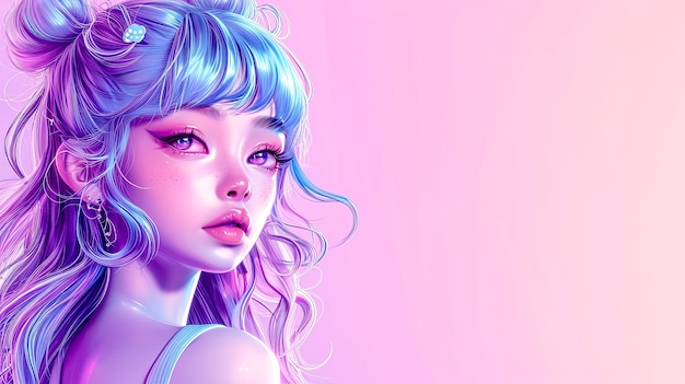 Portrait of a young woman with luminous blue hair and striking features against a soft pink