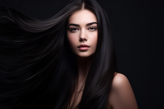 Portrait of a young woman with luxurious long straight shiny black hair against a dark background