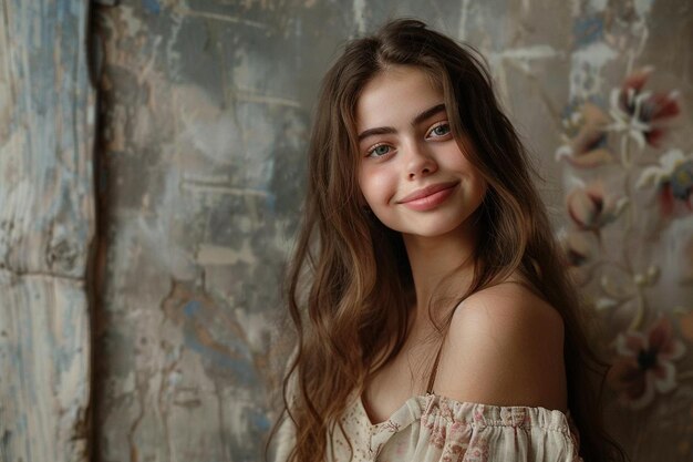 Photo portrait of a young woman with a magnificent smile standing