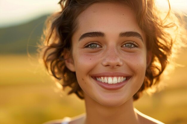 Foto ritratto di una giovane donna con un magnifico sorriso in piedi