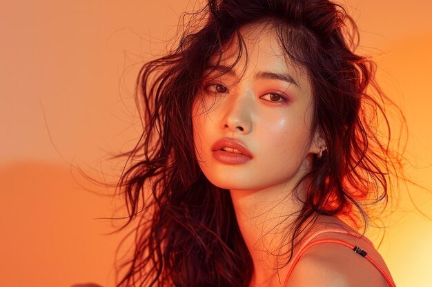 Portrait of a Young Woman with Messy Hair and Natural Makeup in Warm Orange Lighting