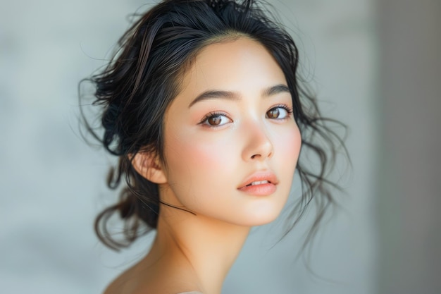 Portrait of a Young Woman with Natural Makeup and Healthy Skin in Soft Lighting