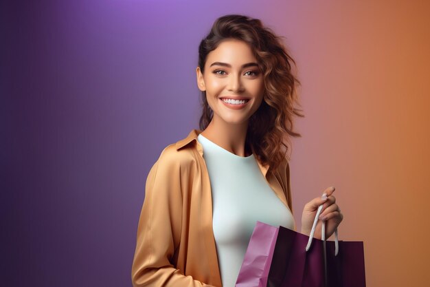 Portrait of young woman with paper shopping bag on violet background Space for text