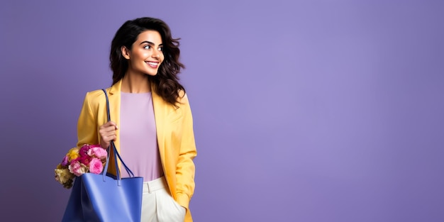 Portrait of young woman with paper shopping bag violet background Space for text