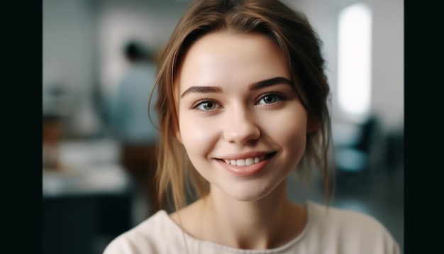 Portrait of young woman with perfect smile look at camera