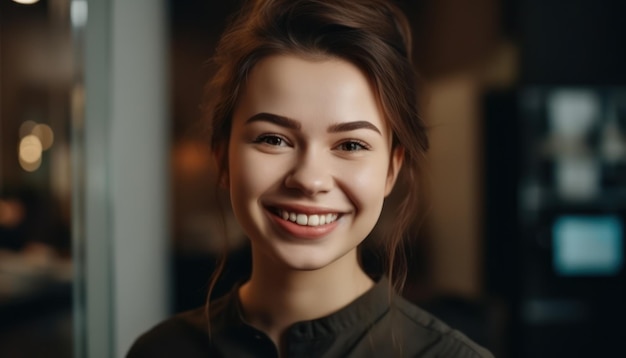 Portrait of young woman with perfect smile look at camera