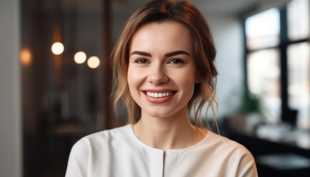Portrait of young woman with perfect smile look at camera