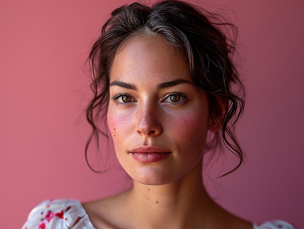 Портрет молодой женщины на розовом фоне