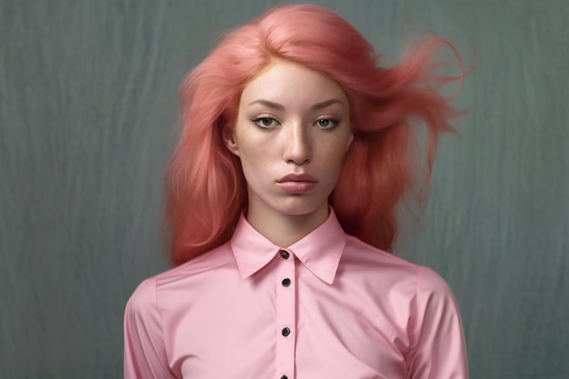 Portrait of a young woman with pink hair on a gray background