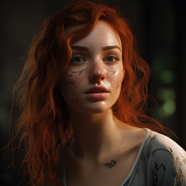 Портрет молодой женщины с рыжими волосами и веснушками