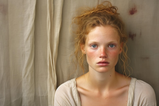 Photo portrait of a young woman with red hair and freckles