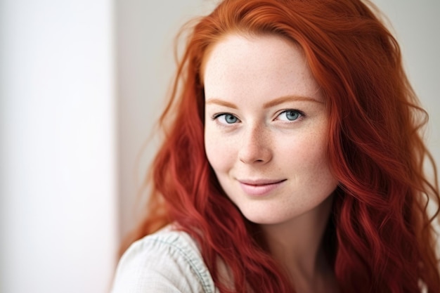 Portrait of young woman with red hair pale skin and freckles looking at camera smiling light background