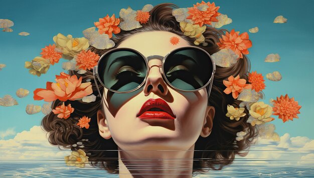 A portrait of a young woman with red lips and large sunglasses adorned with flowers against a blue sky and clouds