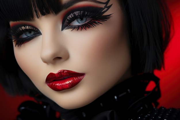 Портрет молодой женщины с красными губами и дымчатыми глазами, макияж Генеративный ИИ
