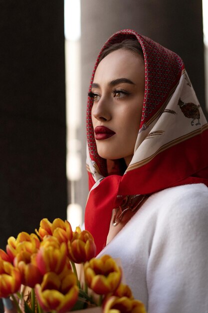 Photo portrait of young woman with red rose