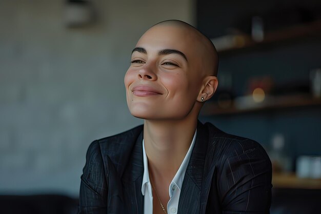 Photo portrait of young woman with a shaved head smiling and wearing a suit indoors generative ai